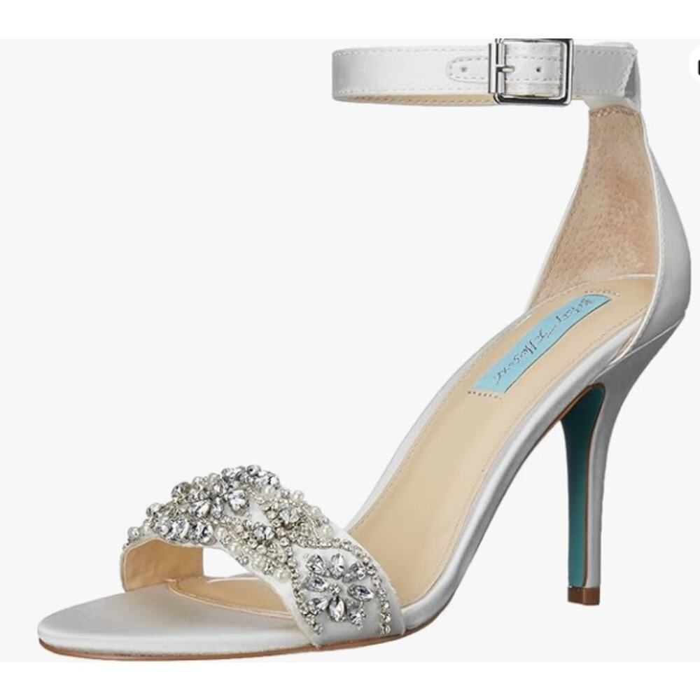 Embellished White Satin Ankle-Strap Heels